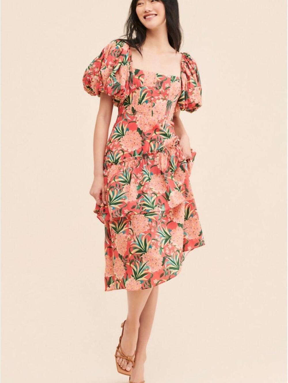 FARM RIO Anthropolgie Pineapple Bloom Balloon Sleeve Midi Dress